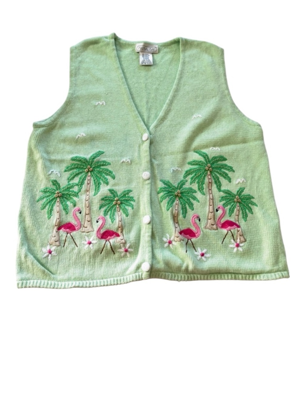 Vintage Mandal Bay Green Pink Tropical Flamingo Palm Cotton Knit Vest SZ L - Picture 11 of 11